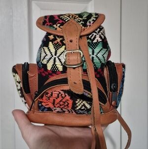 Kids Guatemalan Backback With Colorful Woven Fabric, Leather Buckle And Straps